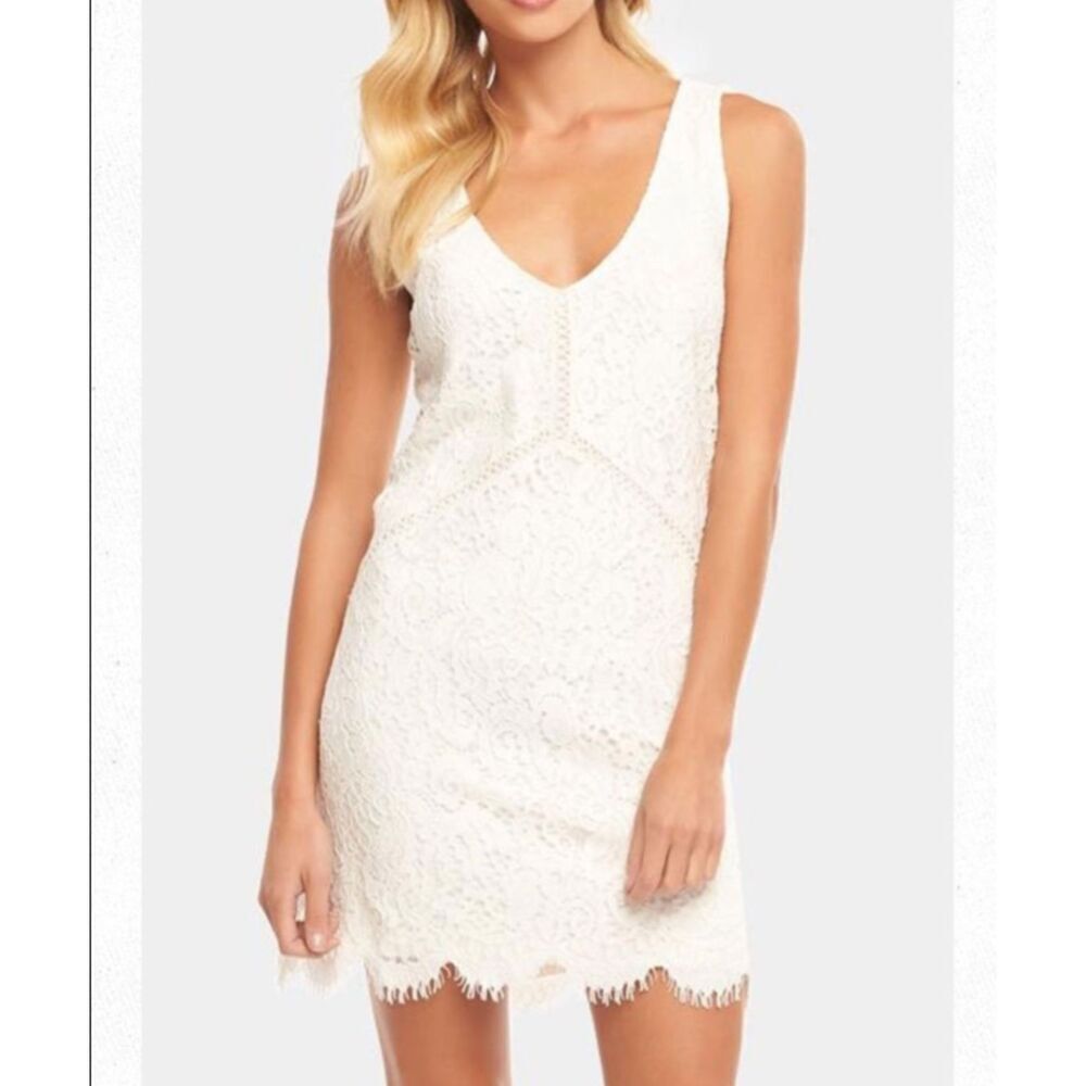 Tart White Lace Eyelash Trim V Neck Sleeveless Mini Shift Dress, L